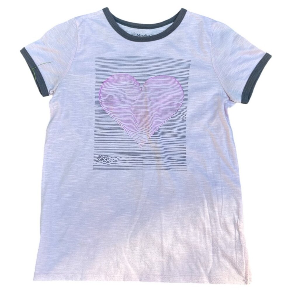 Mudd Girls Youth T-Shirt Size 16 Pink Heart Graphic Striped Design Short Sleeve